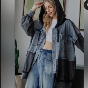 Oli & Hali Washed Knit Denim Mixed Hoodie-NEW